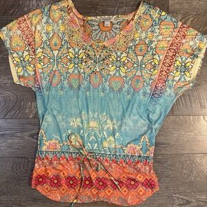 One World Short Sleeve Artsy Embellished Beaded Colorful Top SZ S Boho Festival